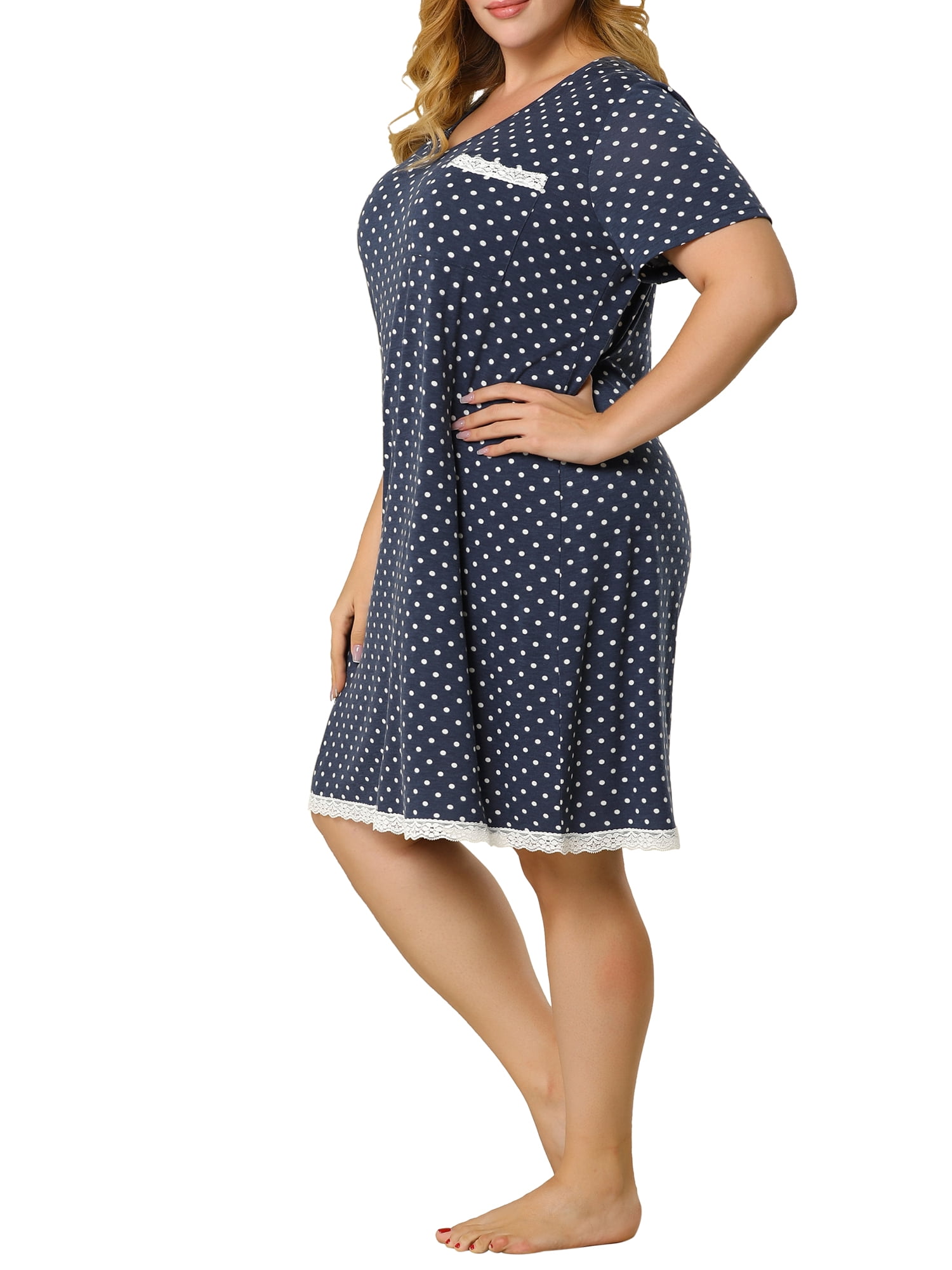 DARING DIVA Women's Plus Size Soft Short Sleeve Lace Trim Pajama Dress 3X Navy Blue