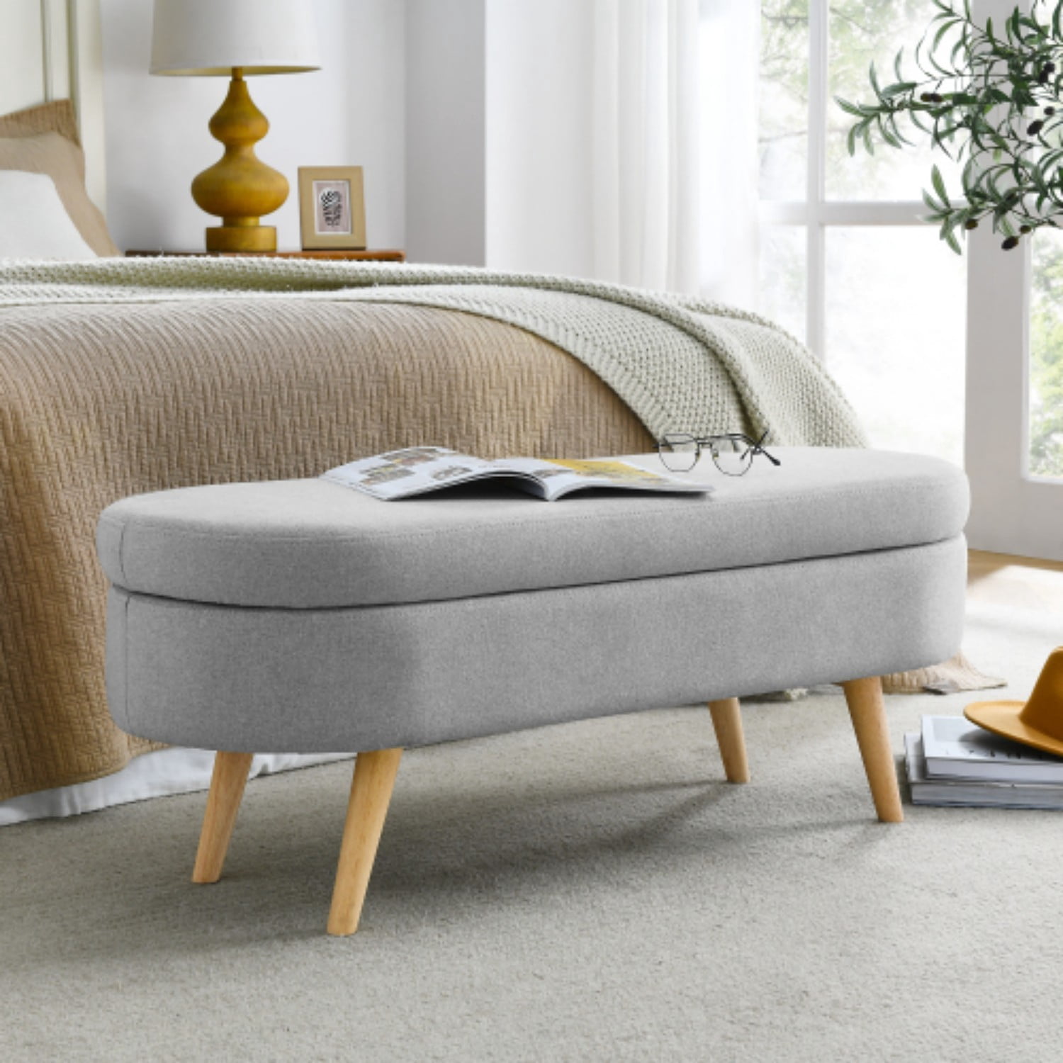44" Oval Storage Ottoman Bench with Hidden Storage, Upholstered Fabric Ottoman Bench with Rubber Wood Legs for Bedroom, Entryway, Living Room, Grey