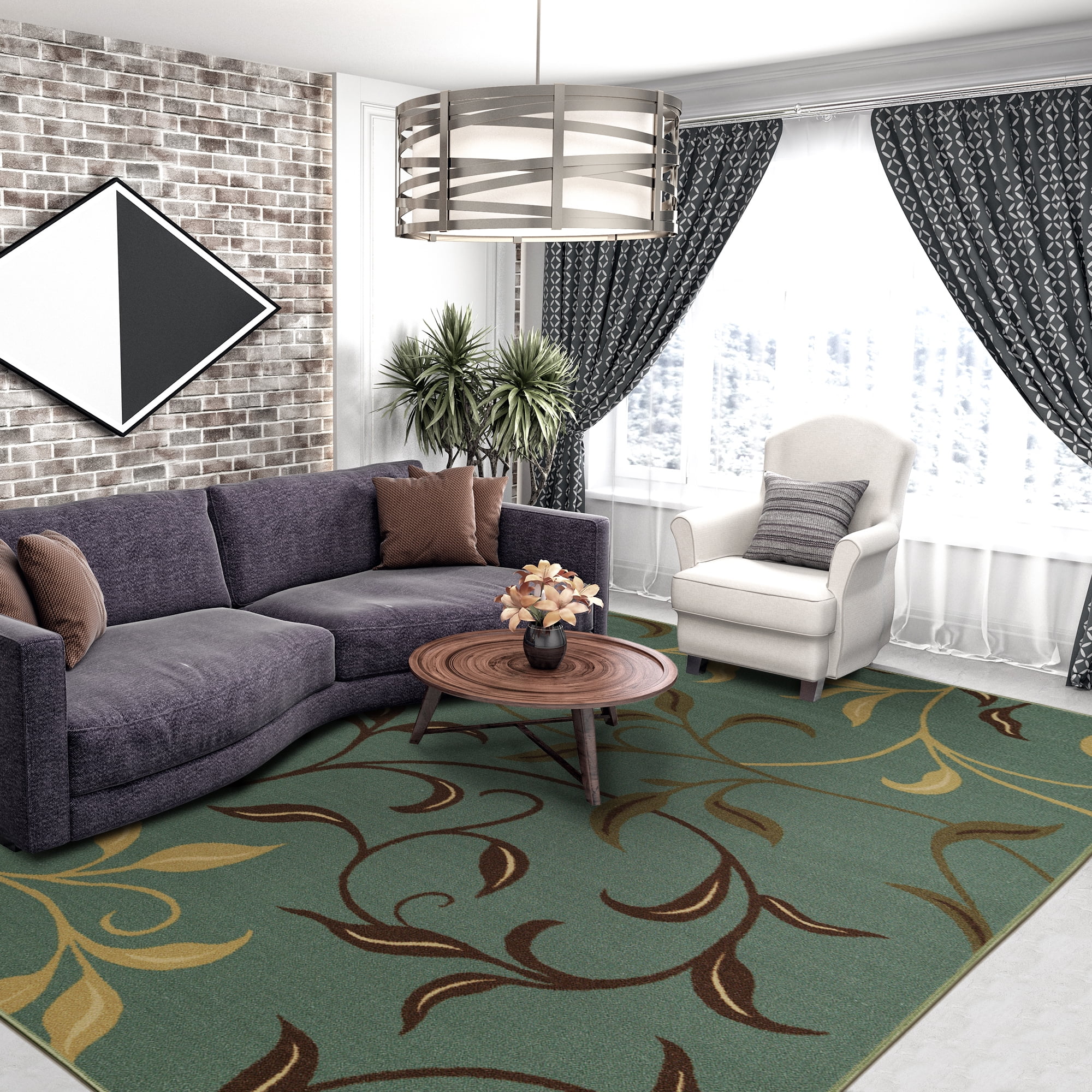 Ottomanson Non-Slip Area Rug for Living Room 7'10" x 9'10" Durable Low Profile Carpet, Seafoam Green Leaf