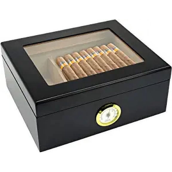 OYHBO Desktop Cigar Humidor, Glass Top Cigar Box with Hygrometer Humidifier & Divider, Spanish Cedar Wood Cigar Storage Case Holds 25-50 Cigars, Black