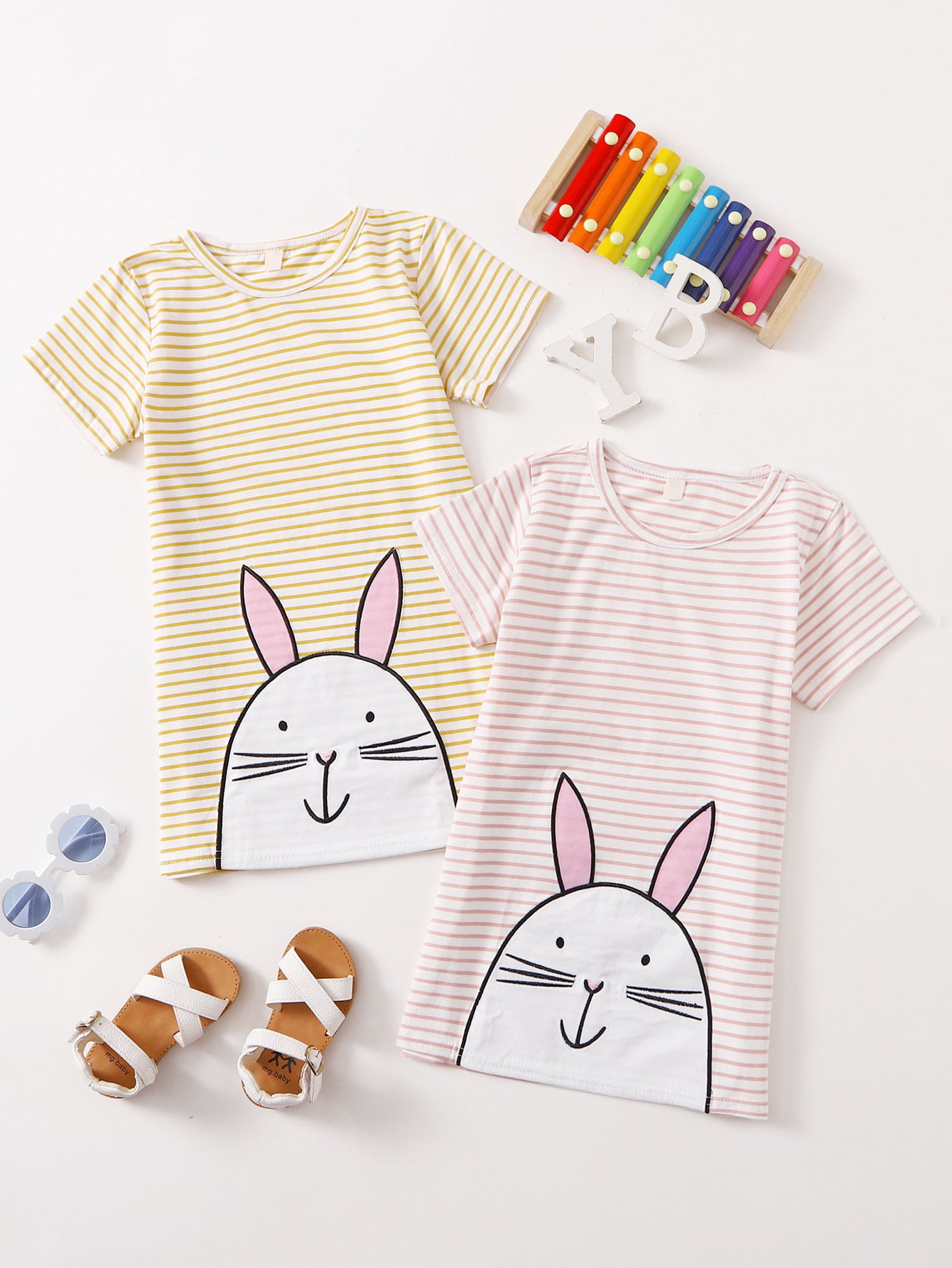 2PCS Little Girls Rabbit Outfits Cute Cartoon Bunny Applique T-Shirt Tops+Pants