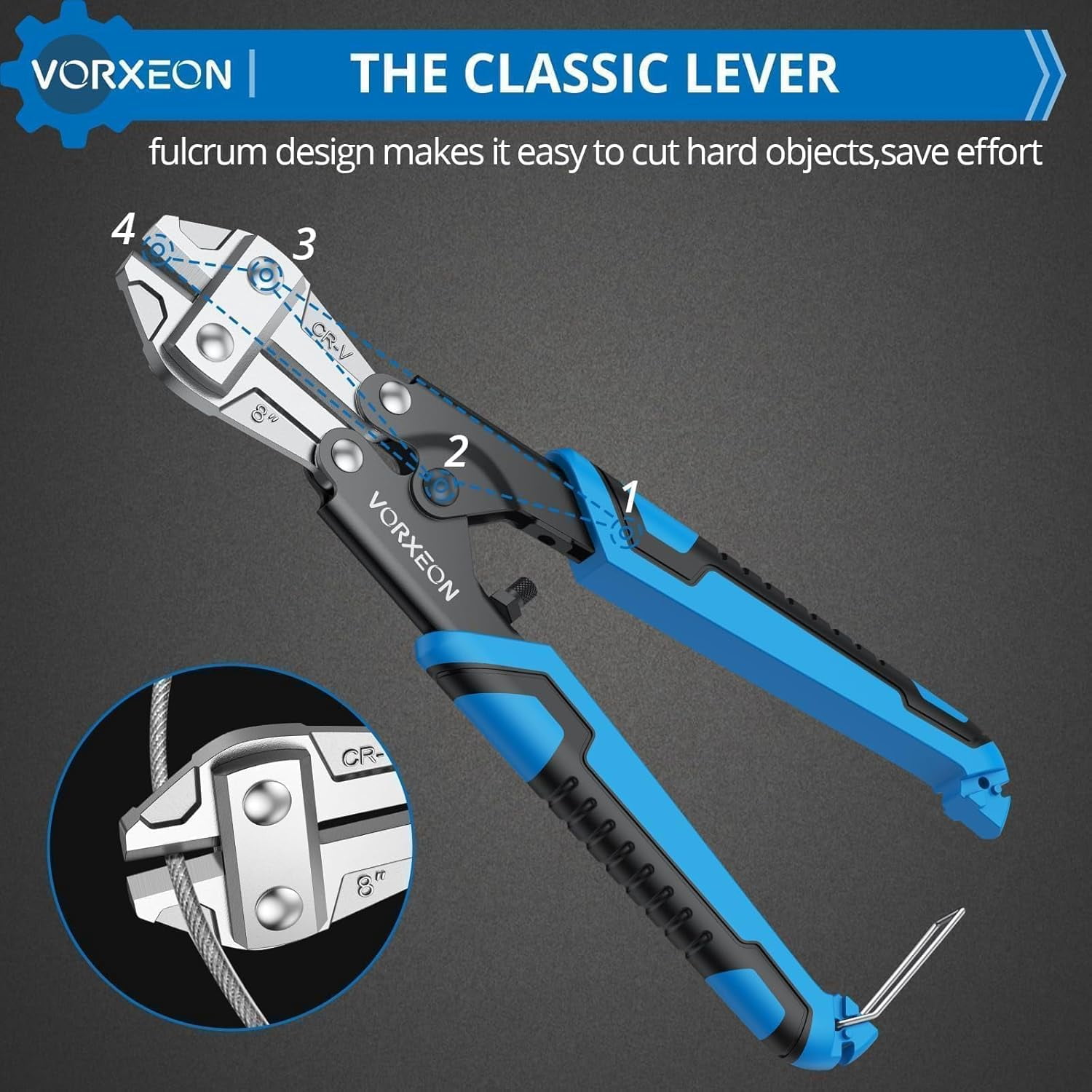 8 Inch Bolt Cutter Chrome Vanadium Small Wire Cutters Heavy Duty, Non-Slip Handle, Dual Lever Design for Enhanced Leverage, Cuts Steel, Iron, Copper Wires