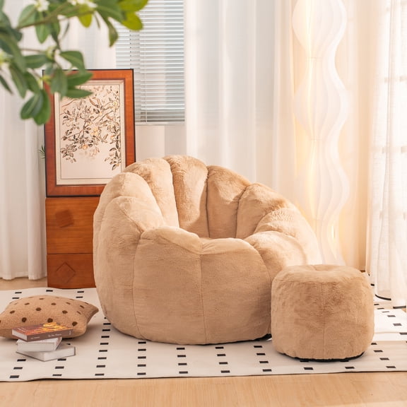 Giant Bean Bag Chair, Oversized Faux Fur Shell-Shaped Bean Bag Couch With Filler for Adults And Kids, Stuffed Big Accent Floor Sofa for Gaming, Reading, Home, Bedroom(DJ)