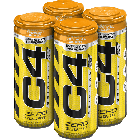 C4 Original Carbonated, Pre Workout + Energy Drink, 4-16oz Cans, Tropical