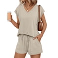 thumbnail image 1 of Conjunto de loungewear AUTOMET para mujer con cuello en V y shorts, 2 piezas, 1 of 5