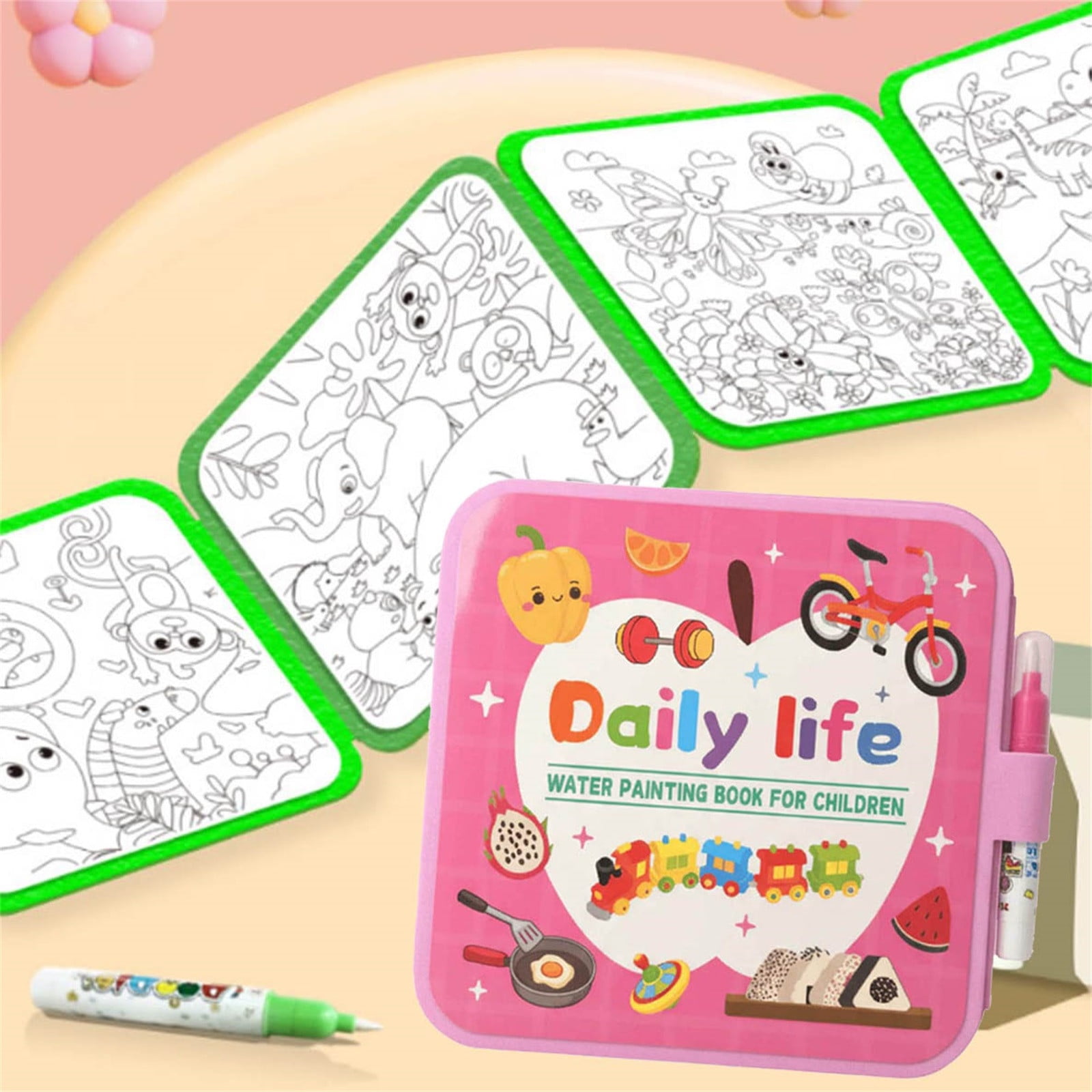 2PC Reusable Water Coloring Book For Kids With No-Mess Painting, Magic Reveal Colors And Included Water Pen, Educational Art Activity For Toddlers And Children, Canvas Material, 8.7X8.7In