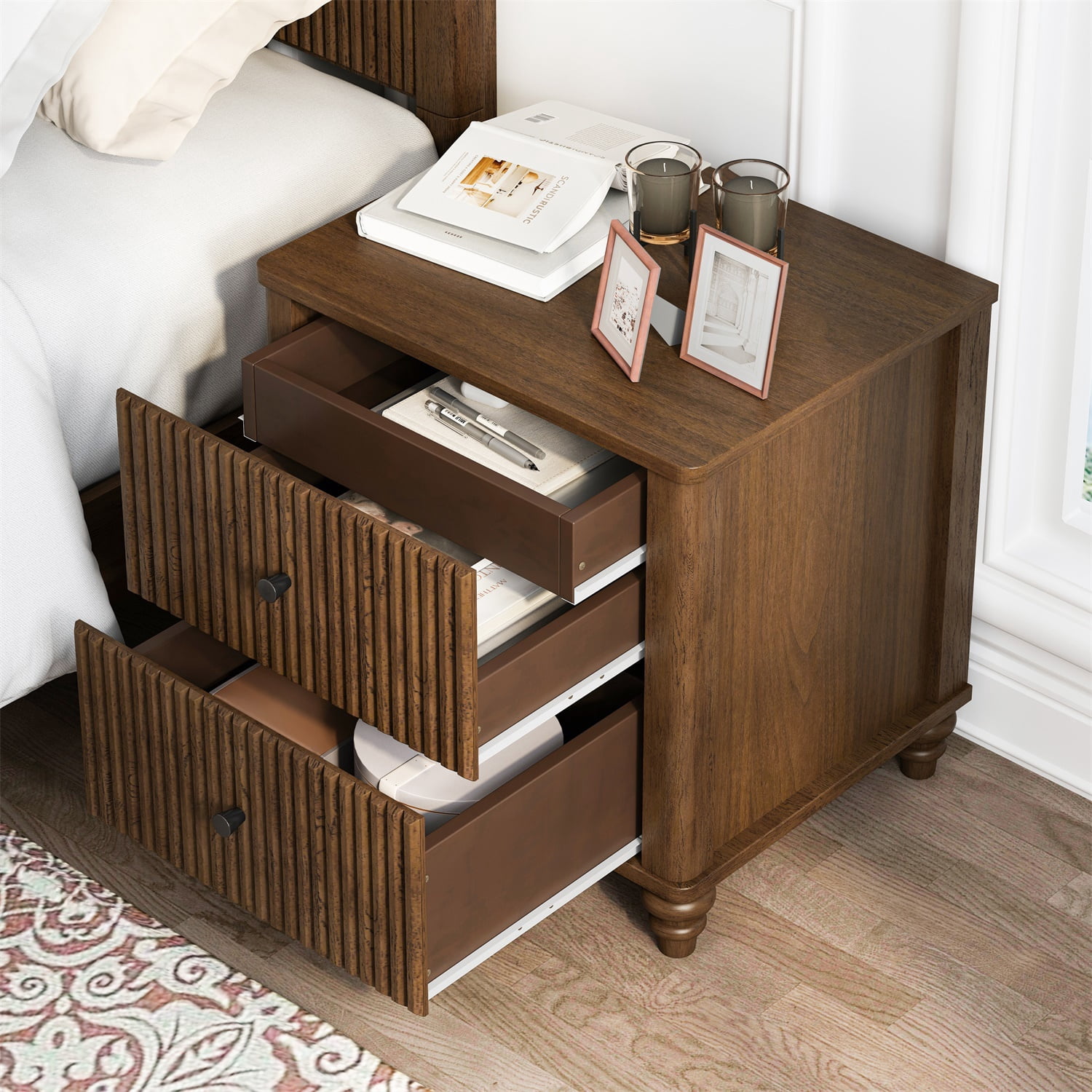 Hommoo Mid Century Modern Wooden Fluted Nightstand Set of 2, 21.65" Wide Bedside End Table Side Table with 3 Drawers and Metal Handle, for Bedroom, Living Room, Closet, Walnut