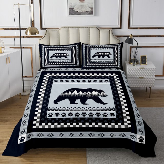 Ensemble de Couvre-Lit Ours Turquoise Taille Grand, Ensemble de Couvre-Lit Rétro à Carreaux Buffalo Forêt Lune, Ensemble de Literie Animal Sauvage Tribal Boho, Ensemble de Lit de Chasse Rurale Campagnarde avec 2 Taies d'Oreiller