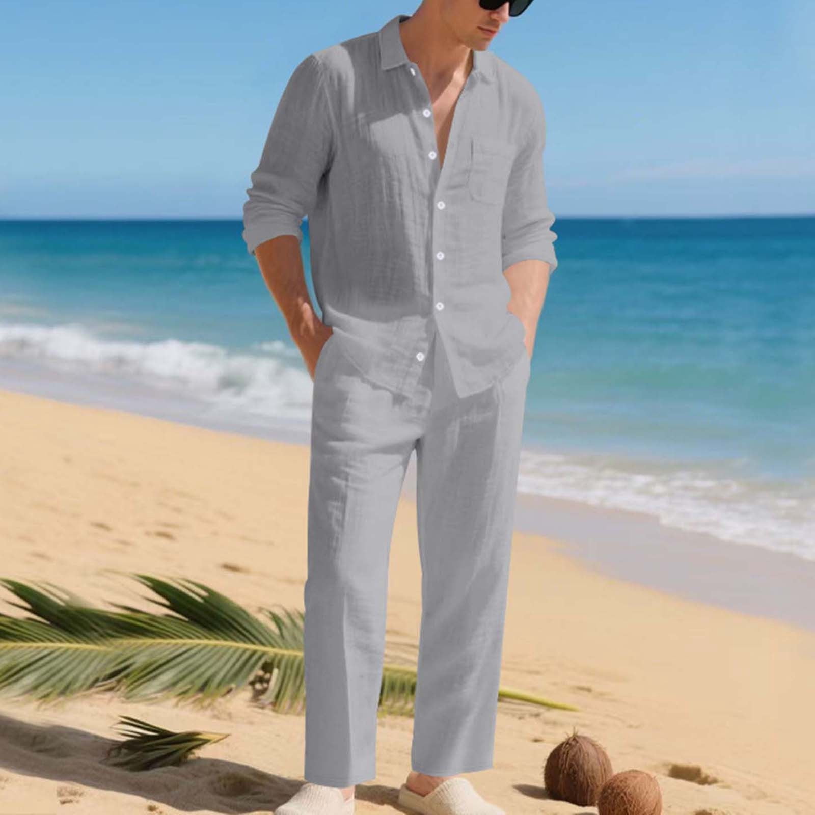 Men's Linen Casual Outfits Piece Solid Color Cuban Shirt and Pants Set Lightweight Beach Vacation Suit