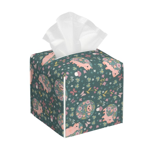 Balery Hedgehogs and Flowers Porta Pañuelos de Cuero con Estampado – Funda Moderna Cuadrada para Caja de Pañuelos, Dispensador 5x5x5''