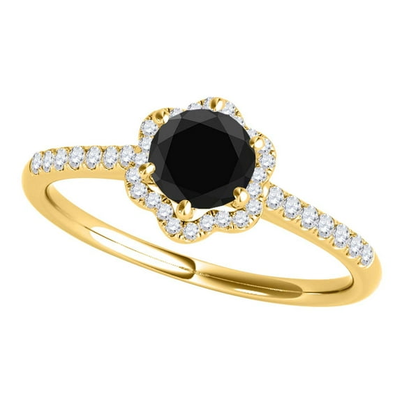 Mauli Jewels Engagement Rings for Women 0.75 Carat Black Diamond Halo Engagement Ring 4 prong 10K Solid Yellow Gold