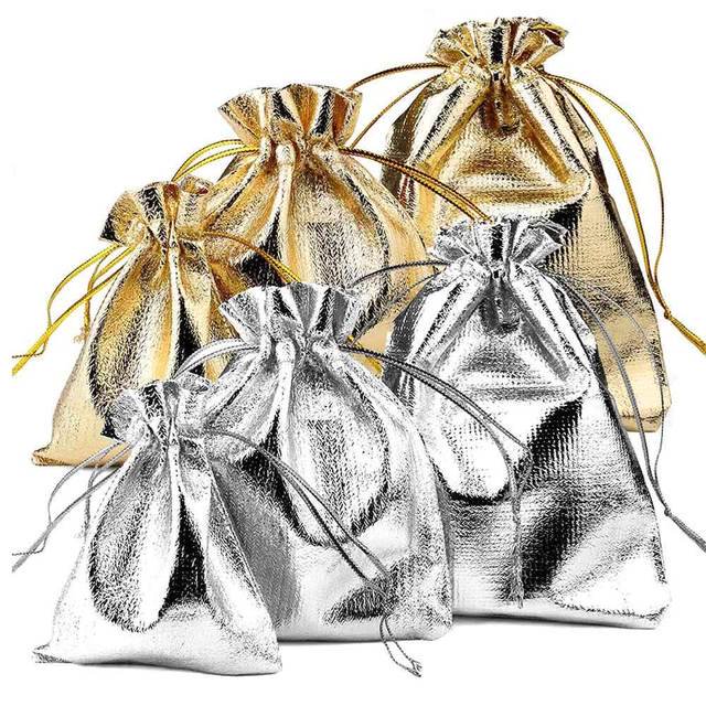 25pcs 7x9/9x12/10x15cm Fabric Packing Gift Bags Gold Color Jewelry Packaging Bag Wedding Party Present Drawstring Pouch