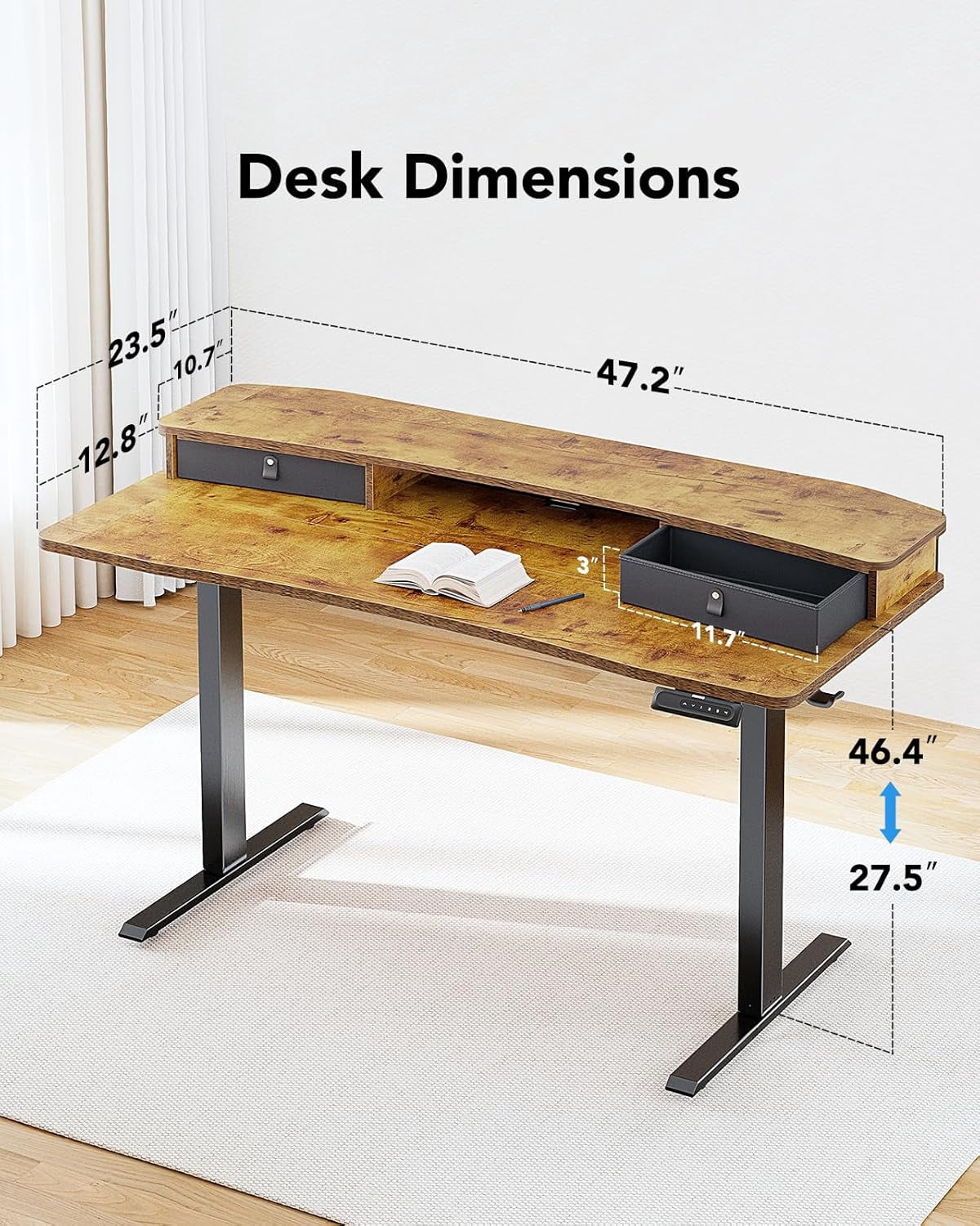 Kyspho 48″ x 24″ Electric Standing Desk with 2 Drawers, C-Clamp Mount Compatible, Height Adjustable Computer Desk, Home Office Stand Up Desk with 4 Preset Heights & 2 Hooks, Vintage Brown