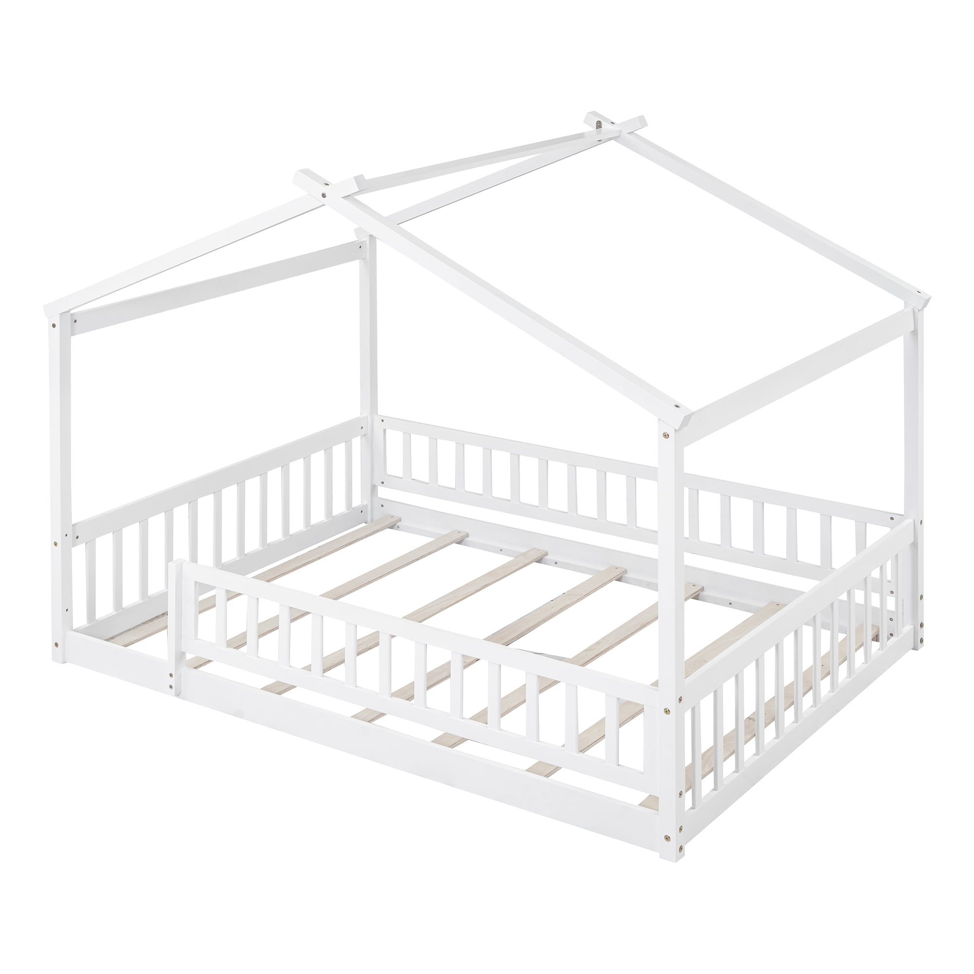 Wooden Full Size House Bed Frame for Kids, Toddler Floor Bed with Roof and Fence, Classic Design Montessori Bed for Toddlers, Teens, Boys or Girls, Box Spring Not Required, White