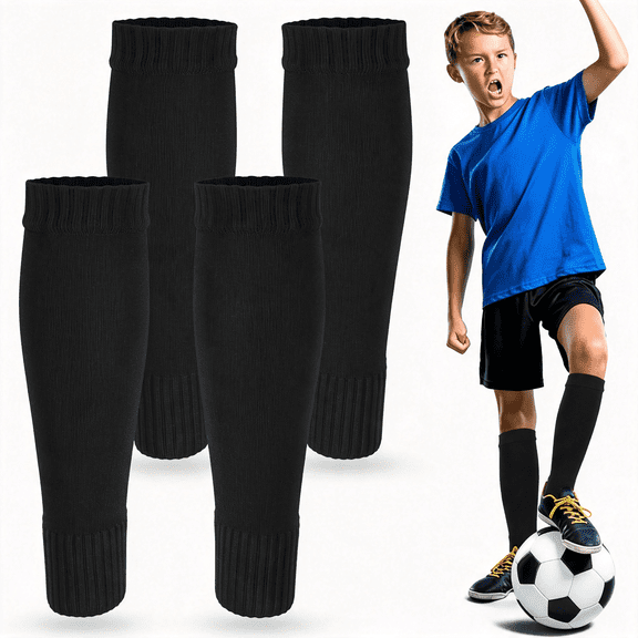 ACDANC 2 Pairs Kids Soccer Socks Pre Cut,Leg Sleeve Socks,Football Shin Guard Sleeves for Age 7-14 Youth Boys Children Football Basketball Training Black Pre Cut Soccer Socks