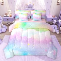 jejeloiu Cartoon Stars Print 7pcs Bedding Comforter Set,Rainbow Galaxy Starry Sky Queen Bedding Sets For Girls Teens Reversible