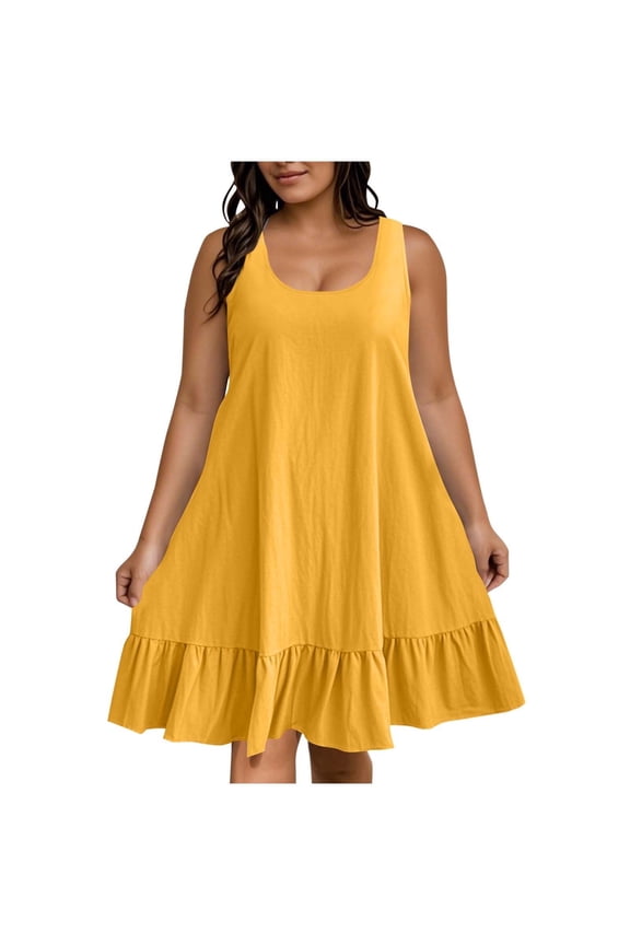 Summer Savings! cocolona Womens Plus Size Summer Mini Dress Sleeveless Ruffle Flowy Sun Dress Casual Solid Loose Beach Crew Neck Tank Dress