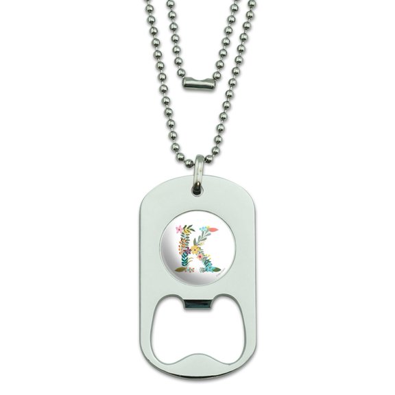 Letter K Floral Monogram Initial Military Dog Tag Bottle Opener Pendant