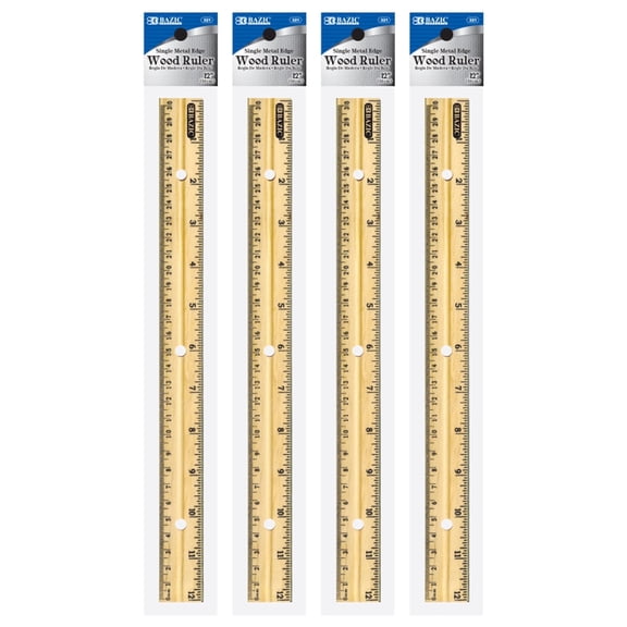 BAZIC Wooden Ruler 12" (30cm), Singel Metal Edge, Inches Centimeter Rulers, 4-Pack