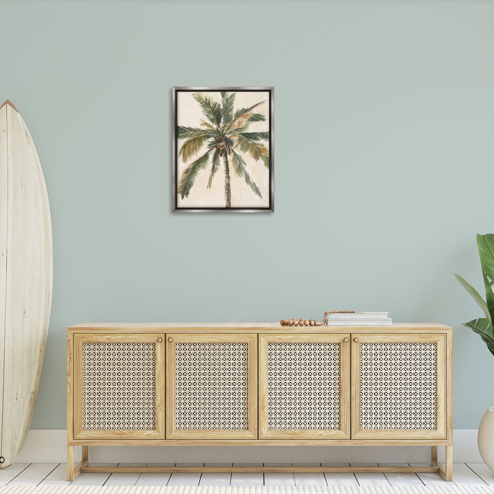 Stupell Industries Palm Tree on Beige Plants & Flowers Painting Gray Floater Framed Canvas Art Print Wall Art, 25 x 31
