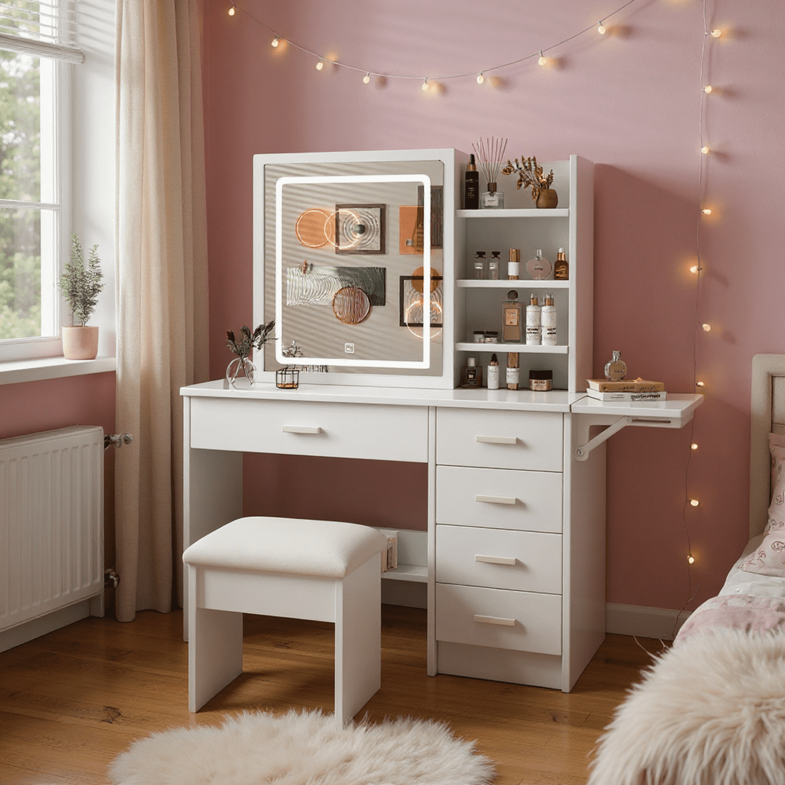 Homy Casa Vanity Desk with LED Lighted Mirror, Stool, Drawers and Shelves, 3-Color Dimmable Lighting