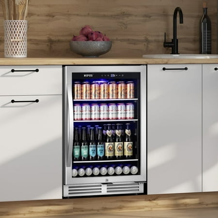 Nipus 24 Inch Beverage Refrigerator Cooler 190 Cans Built-In Freestanding Under Counter Soda Beer Cooler with Glass Door For Home Kitchen Bar Office