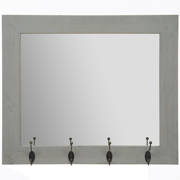 Rustic Gray Entryway Wall Mount Mirror, Entryway Wall Mirror With Hooks