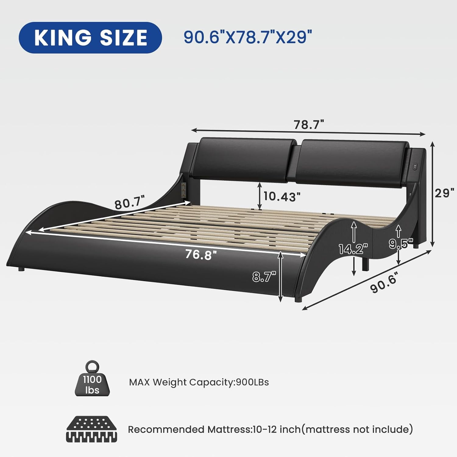Led Bed Frame King Size Platform Bed Frame with LED Lights&USB Ports&Headboard,Low Profile Wave Like Curve King Bed, No Box Spring Needed, Black