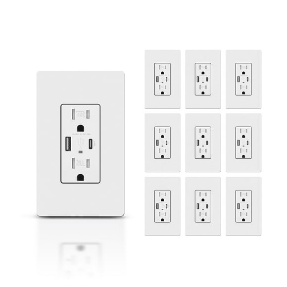 TOPELER USB Outlet, 4.8A High Speed Charger Wall Outlet, Electrical Power Outlets with USB Type A & C Ports, 15 Amp TR Receptacle, Screwless Wall Plate Include, ETL