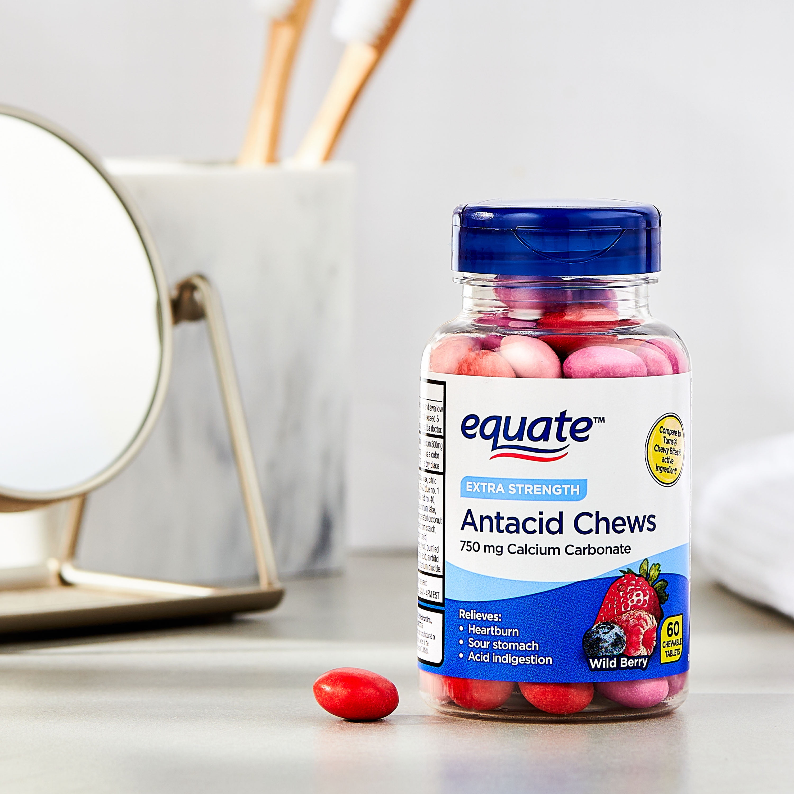 Equate Gluten-Free Calcium Carbonate Antacids Chewables for Digestive Concern, Acid Indigestion with Chewable Tablets, 750 mg, 60 Count