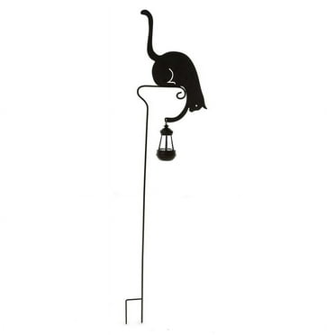 Black Metal Silhouette Garden Stake of Cat Holding a Solar-Powered Lantern
