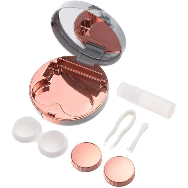 Mini Stylish Simple Contact Lens Travel Case,Container Kit Set Contacts Lens Hard Case Travel & Home Kit Mirror with Bottle with Tweezers Container Holder (Rose Gold)