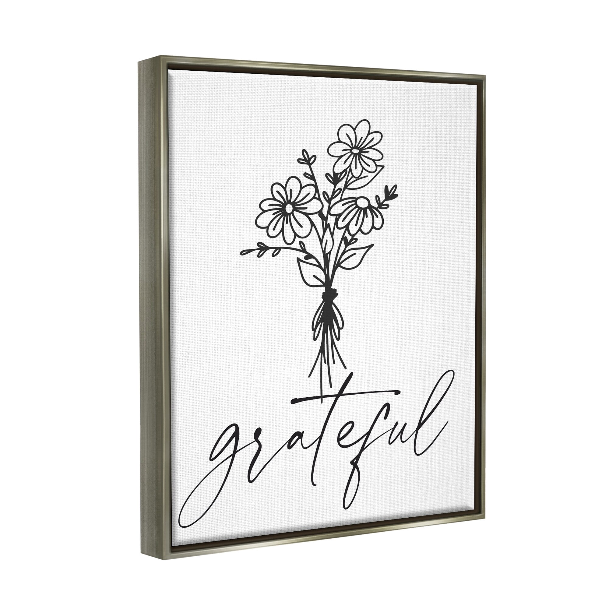 Stupell Industries Grateful Casual Script Calligraphy Floral Daisies Bouquet Graphic Art Luster Gray Floating Framed Canvas Print Wall Art, Design by Lettered and Lined