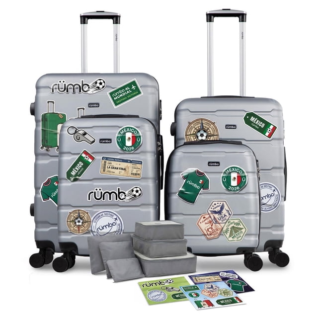 Set de Maletas Rígidas de Viaje de 16, 20, 24 y 28 Pulgadas con Candado y Ruedas 360°, Incluye Stickers Mundialistas