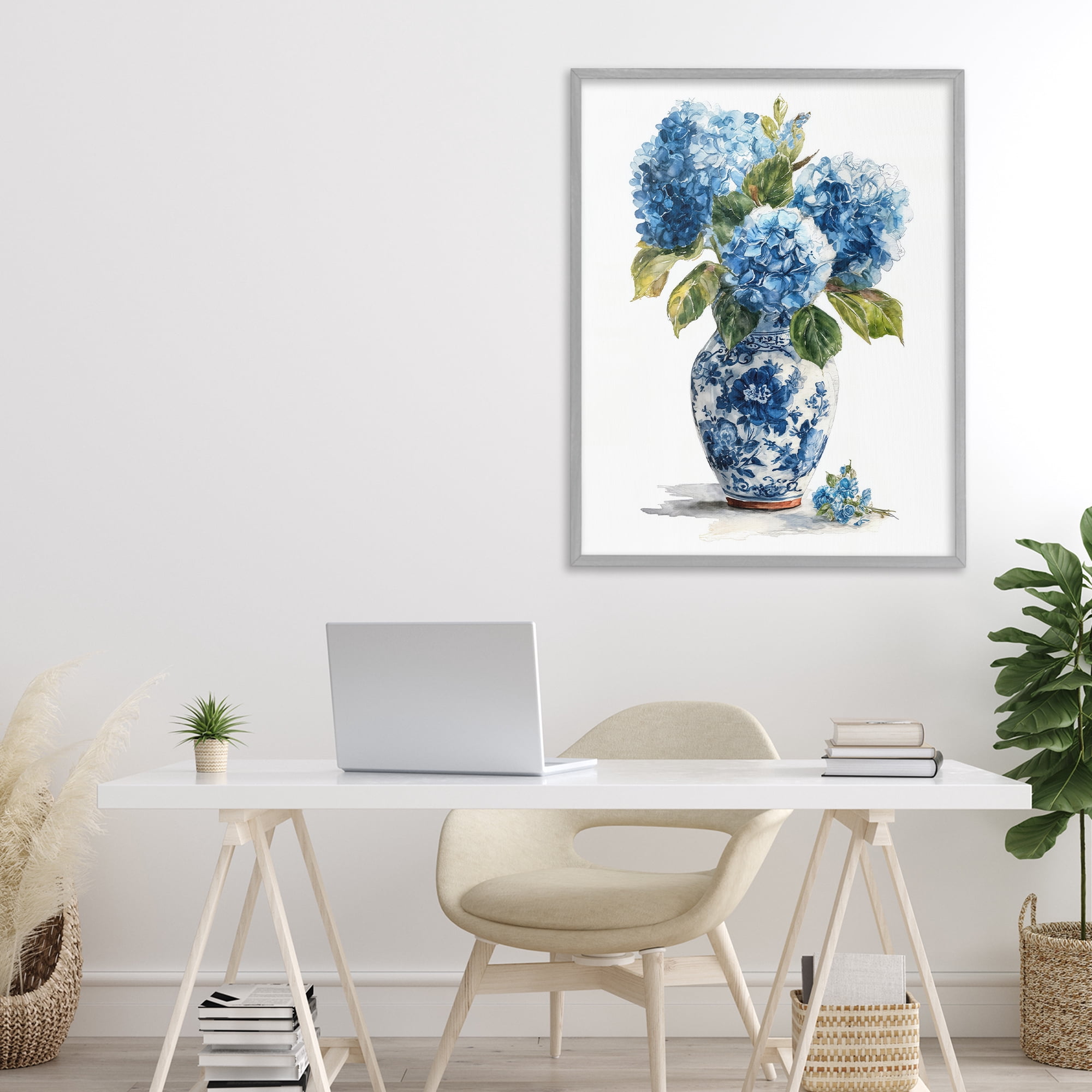 Stupell Industries Porcelain Vase with Hydrangea Bouquet Gray Framed Giclee Art, design by Imagine It Images