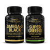 FREZZOR Omega 3 Black Green Lipped Mussel Oil, 53x Higher potency for Superior Joint Comfort & Mobility, No Fishy Aftertaste, 1 Bottle, 60 Softgels plus 1 Bottle of Super Greens