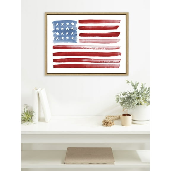 Kate and Laurel Sylvie Flag Alone Framed Canvas Wall Art by Sara Berrenson, 18x24 Natural, Fourth of July American Flag Decor for Wall