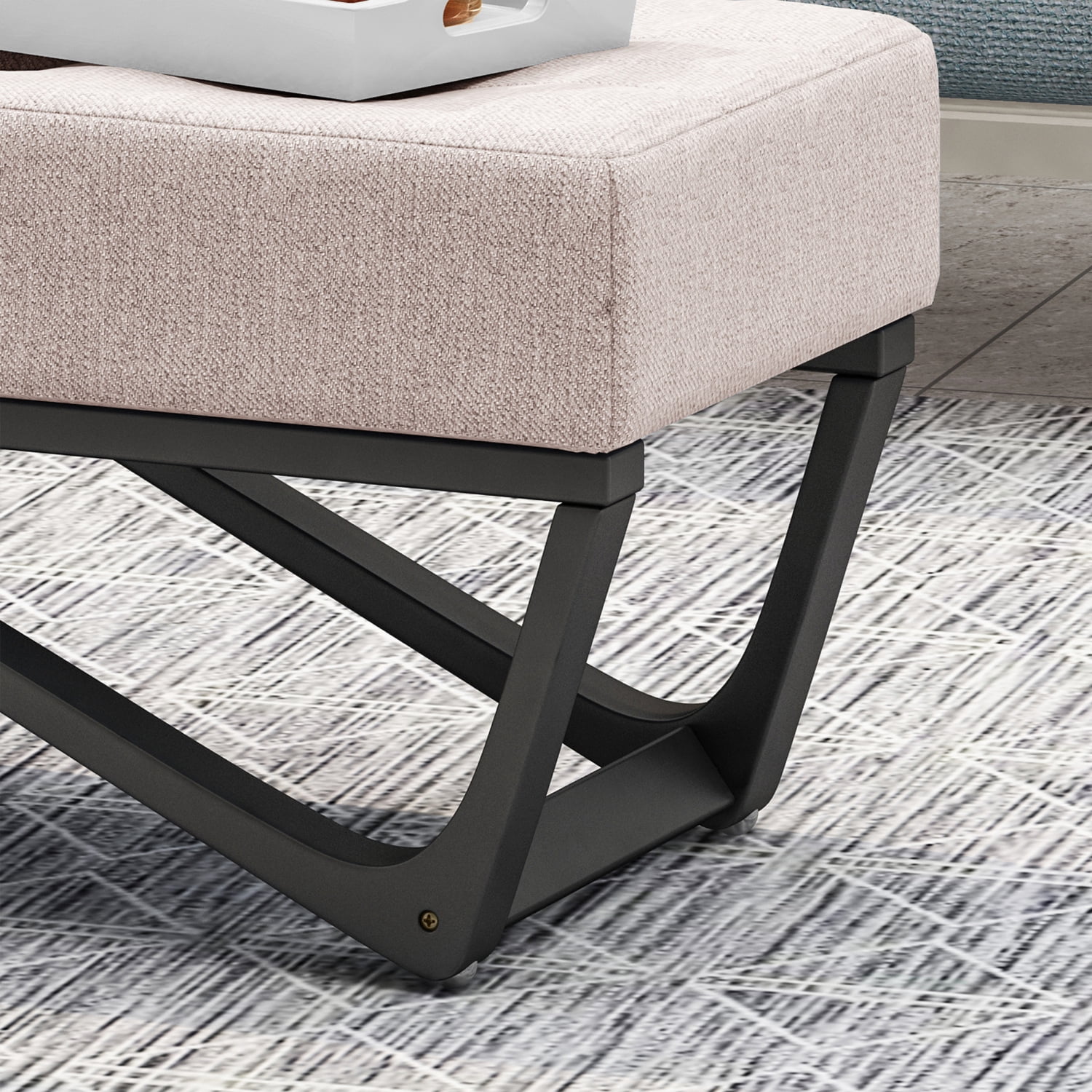 Modern Faux Wood Ottoman with Plush, Button-Tufted Top