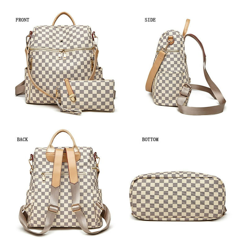 Sexy Dance 2Pcs Women Checkered Backpack Purse Leather Anti-Theft Shoulders  Bag Tote Handbag Fashion Ladies School Travel Daypack Backpack with with