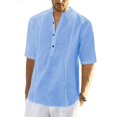 thumbnail image 1 of Camisas de lino para hombre, de manga corta, informales, de algodón, con botones, estilo henley, para playa, de verano, corte regular, 1 of 5