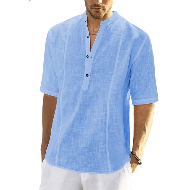 Camisas de lino para hombre, de manga corta, informales, de algodón, con botones, estilo henley, para playa, de verano, corte regular