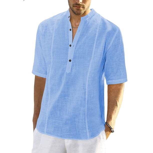 Camisas de lino para hombre, de manga corta, informales, de algodón, con botones, estilo henley, para playa, de verano, corte regular