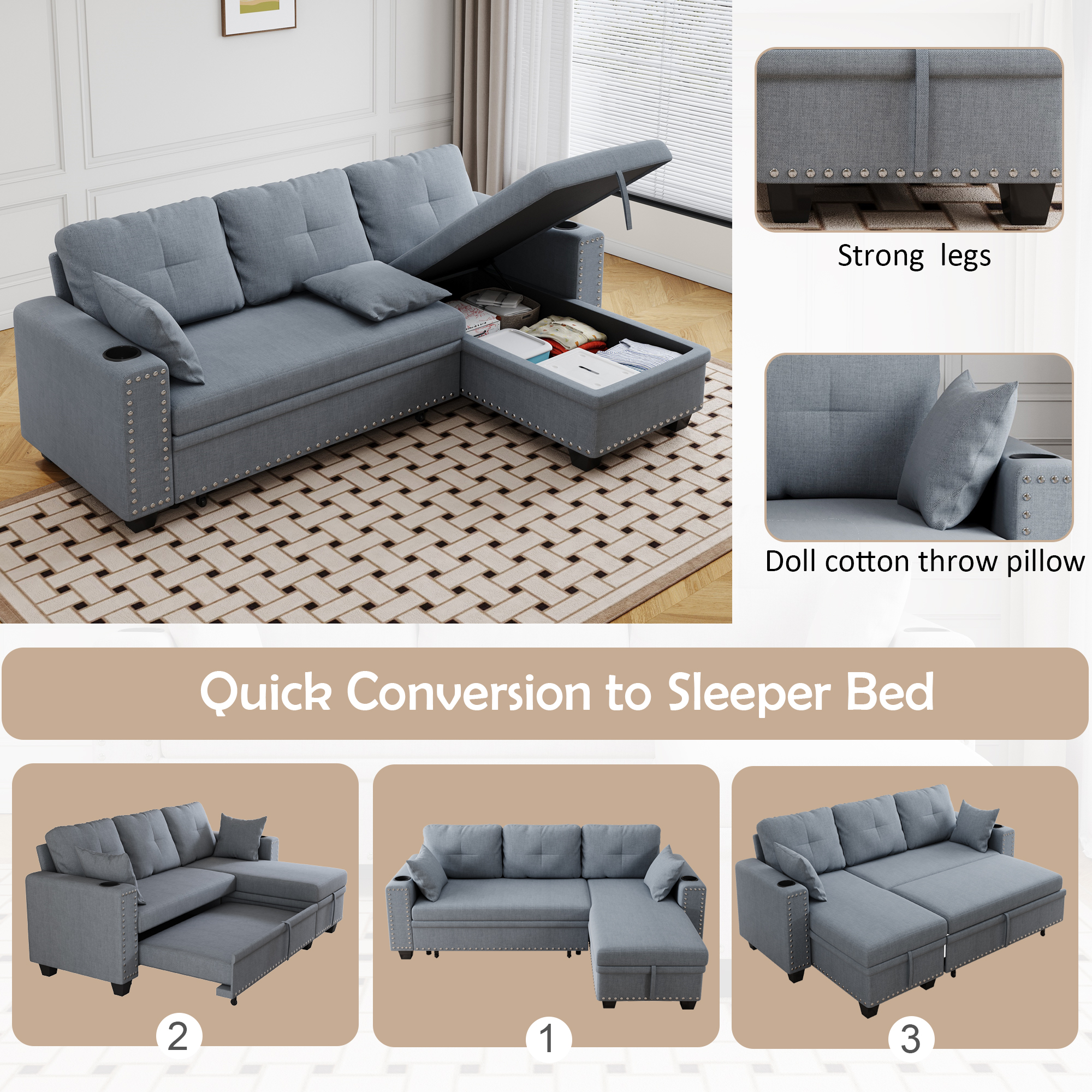 Leumius L-Shape Sleeper Sofa Bed,Modern Large Full Size Pull Out Sectional Couch with Storage, Futon Sofa Bed Sectional Sofa for Living Room,Apartment, Bedroom,Office,Dark Grey