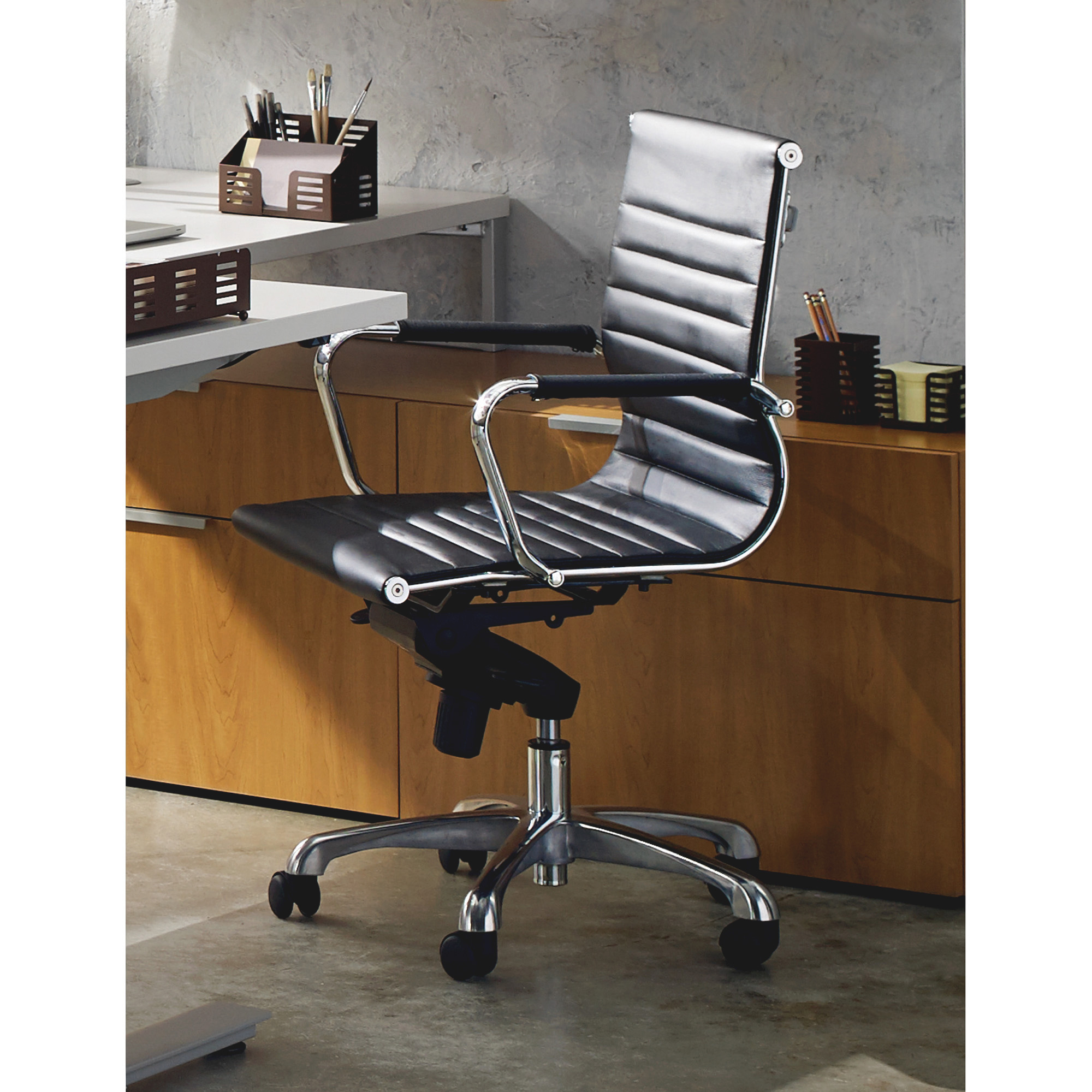 Lorell Modern Chair Series Mid-back Leather Chair Leather Seat - Leather Back - 5-star Base - Black - 20" Seat Width x 18.75" Seat Depth - 25" Width x 24.8" Depth x 39.8" Height - 1 Each - image 4 of 5