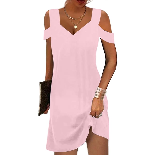 Puntoco Vestido De Manga Corta Con Cuello En V, Vestido Suelto De Manga Corta Con Hombros Descubiertos Y Cuello En V Para Mujer Rosa Xl