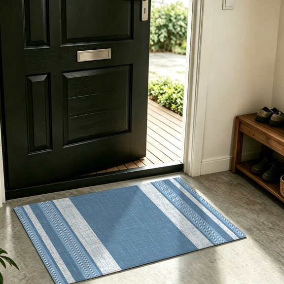 Front Door Mat Indoor Outdoor Blue Stripe Retro Linen Non-Slip Doormat Low Profile Patio Porch Entryway Rug 16x24in Gradient Minimalist Style
