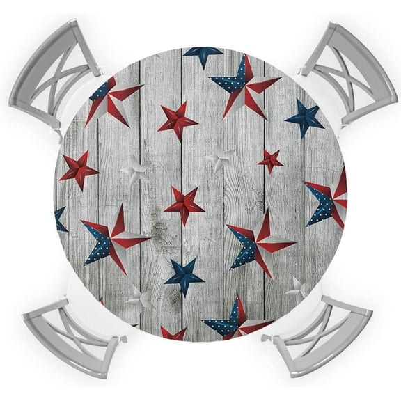 4th of July Round Fitted Tablecloth Elastic EDG Patriotic Stars Wooden Independence Day Waterproof Table Cloth USA Flags Round Table Cover for Holiday Party Picnic Fits Tables up 36" - 44" Diameter