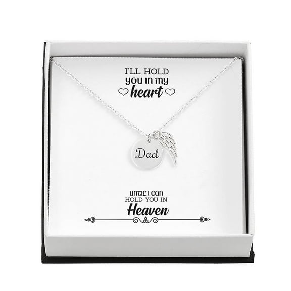 I'll Hold You in My Heart Remembrance Necklace for Dad Angel Wing Charm Stainless Steel or 18k Gold Finish