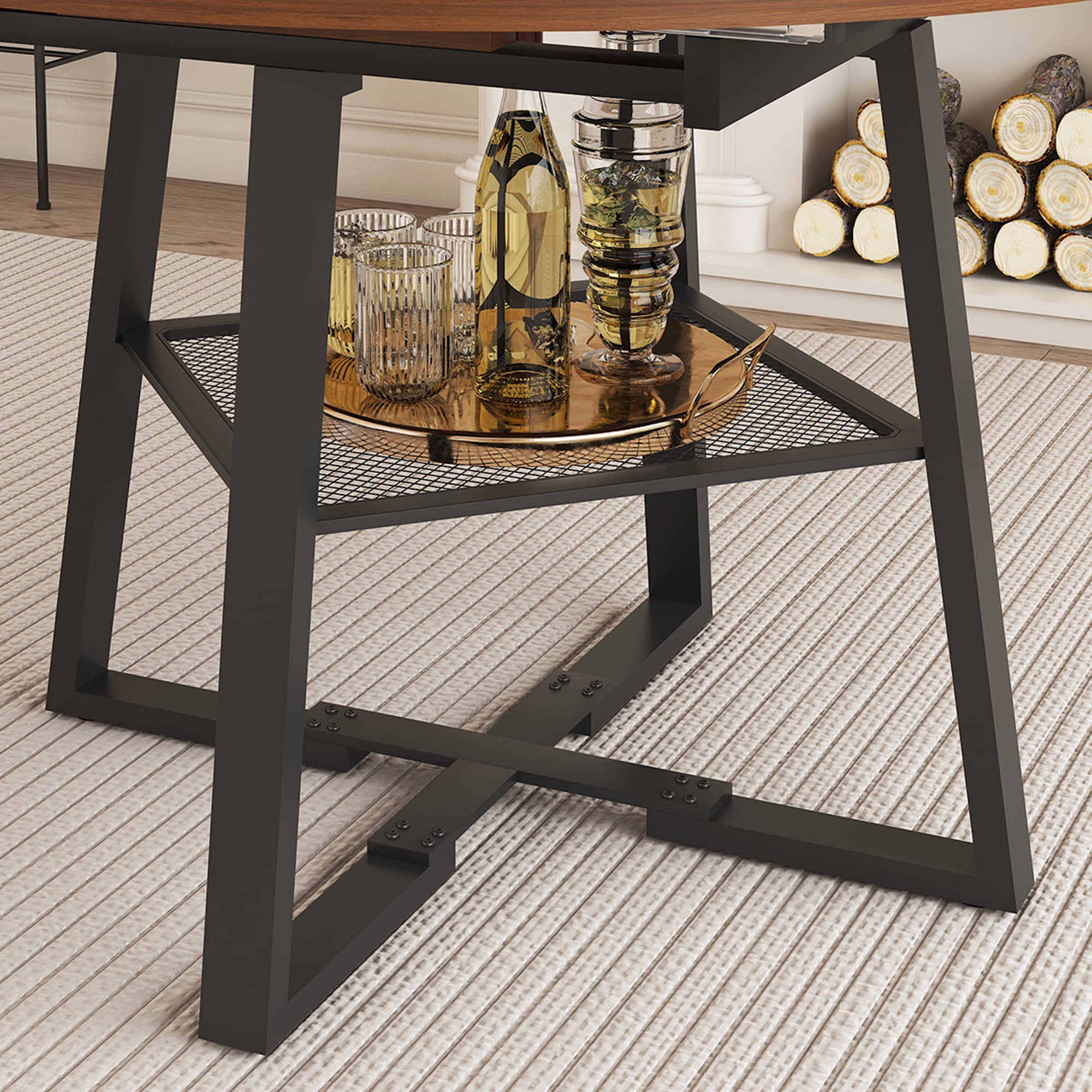 Extendable Dining Table, 47-59 Inch Round Table with Open Wire Grid Shelf and Metal Frame, Multi-Functional Design for Dining Room, Walnut Finish