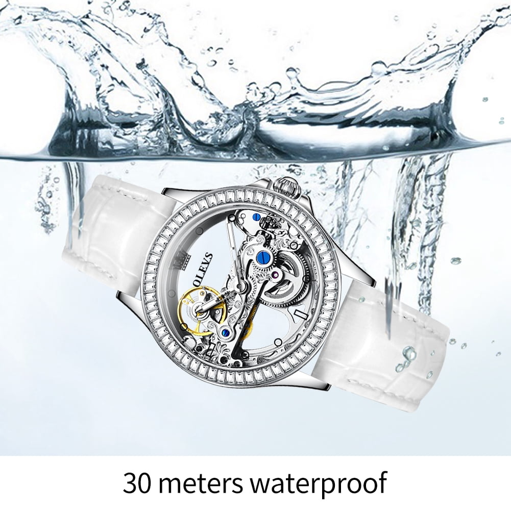 OLEVS Automatic Watches for Womens Mechanical Diamond Skeleton Self Winding Leather Luxury Dress Waterproof Luminous Ladies Watches Womens Wrist Watches Gift Reloj Para Mujer